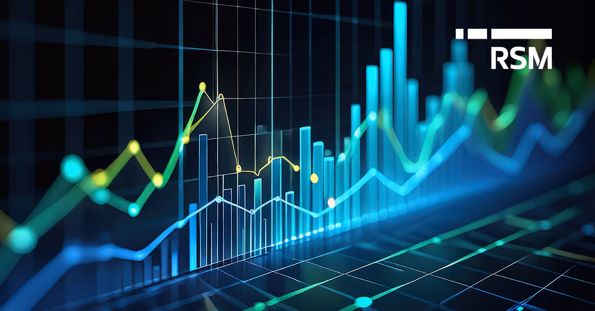 Abstract blue and green digital graphs with RSM logo in right corner
